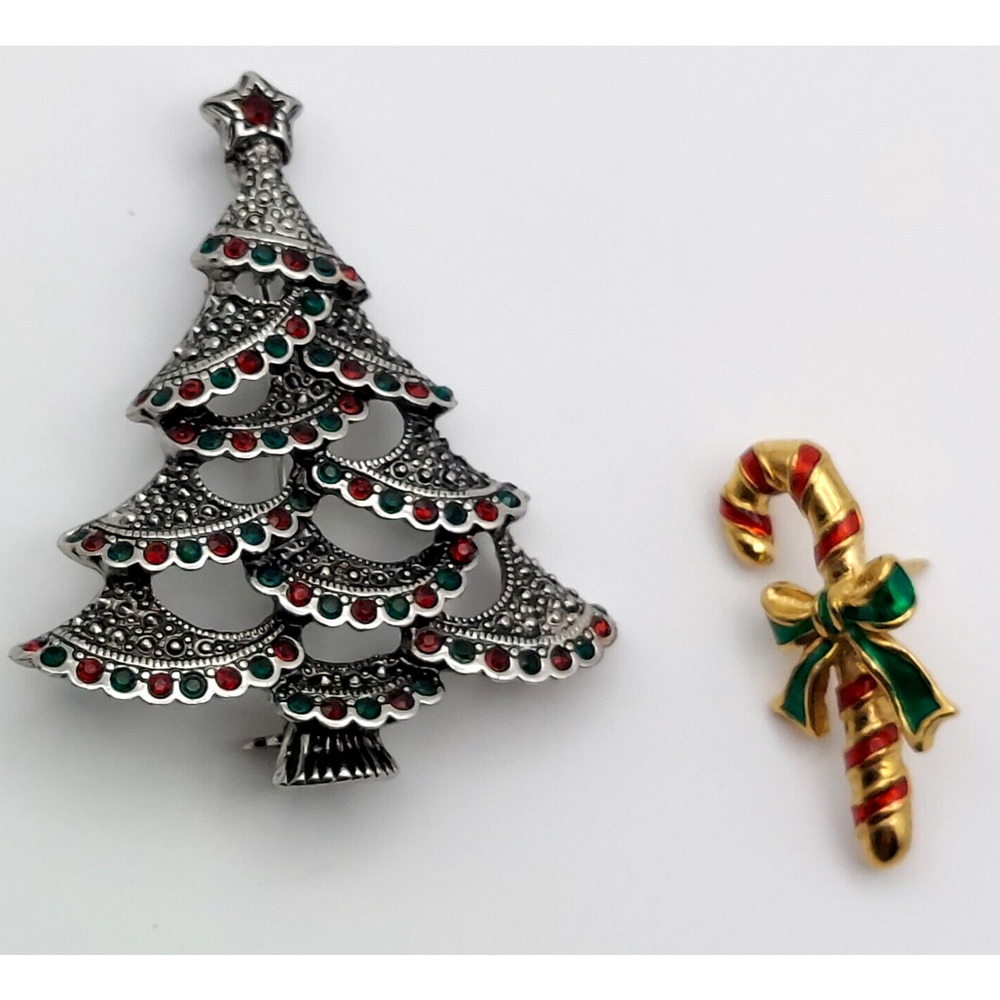 Avon Holiday Brooch Lot of 2 Rhinestone Christmas Tree Pendant Candy Cane Pin